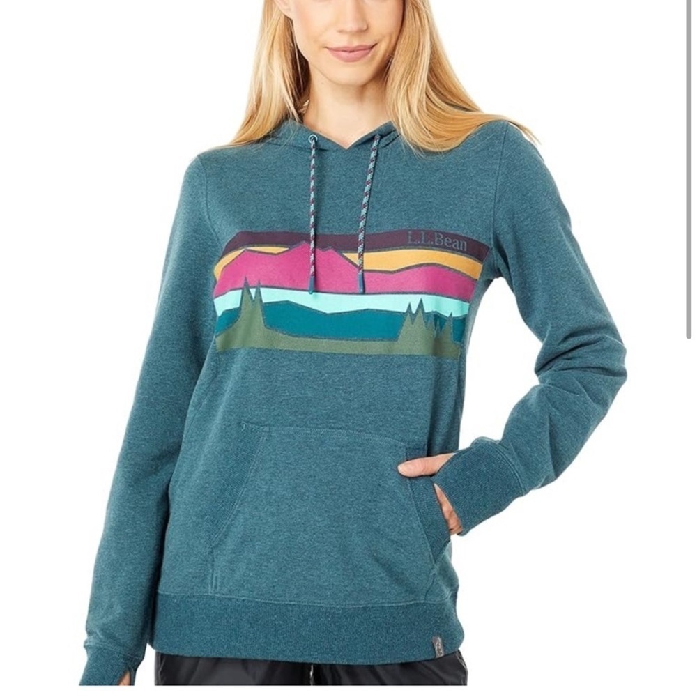 LL Bean Women's Bean's Cozy Camp Hoodie Spruce Heather Crossbars Size XS Teal